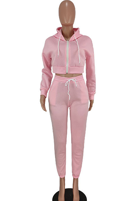 Pink Hoodie Pure Color Long Sleeve Zipper Sport Pants Sets AGY68532