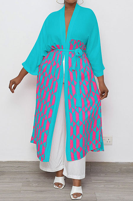 Cyan Fahsion Casual Lattice Pattern Cardigan Cloak OEP6313-1