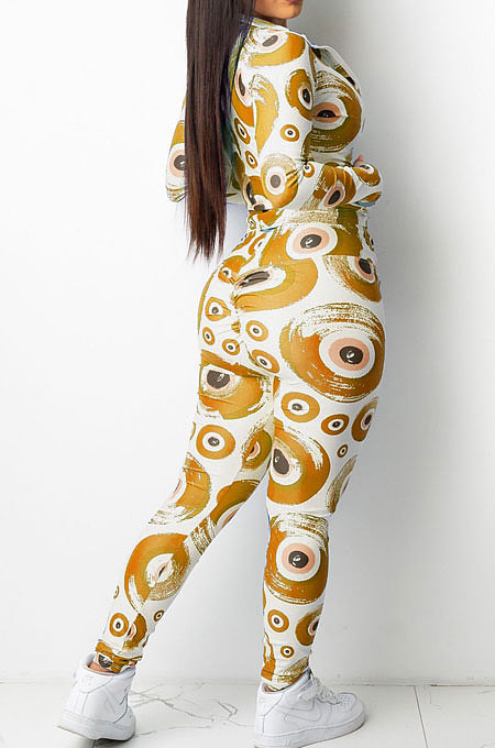 Yellow Fashion Women's Design Printed Long Sleeve Zipper Tops Skinny Pants Suit T243-3