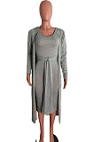 Dark Coffee Fashion Lace-Up Tank Dress+Cardigan Coat Solid Color Suit QZ3328-1