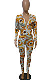 Grey Fashion Women's Design Printed Long Sleeve Zipper Tops Skinny Pants Suit T243-1