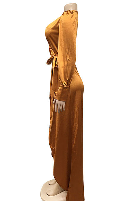 Brown Trendy Sexy Pure Color Women Deep V Collar Bandage Long Sleeve Split Long Dress XZ5373-1