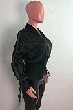 Navy Blue Wholesale New Drawstring Long Sleeve Zipper Tunics Jacket QZ7007-4