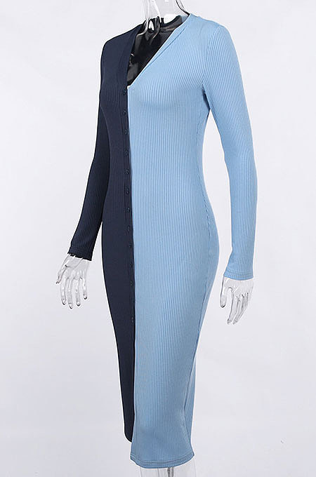 Blue Cotton Blend Sexy V Collar High Waist Color Matching Buttons Long Dress CSM21475-1