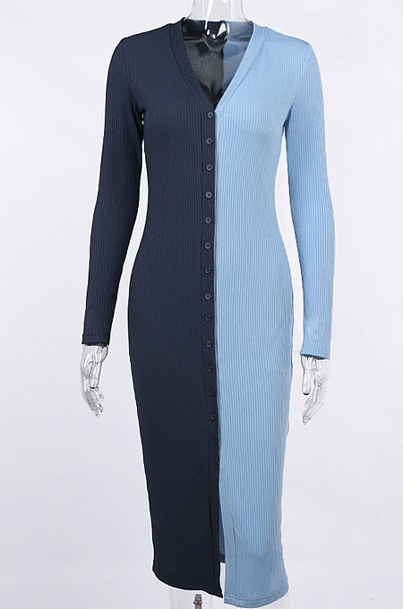 Green Cotton Blend Sexy V Collar High Waist Color Matching Buttons Long Dress CSM21475-2