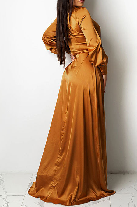 Brown Trendy Sexy Pure Color Women Deep V Collar Bandage Long Sleeve Split Long Dress XZ5373-3