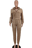 SUPER WHOLESALE|Camel Thick Double Velvet V Collar Casual Pants Sets AGY68534