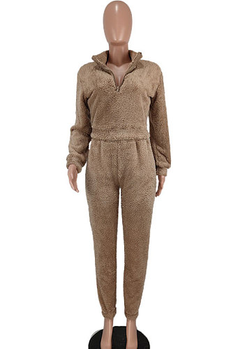 SUPER WHOLESALE|Camel Thick Double Velvet V Collar Casual Pants Sets AGY68534