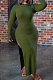 Army Green Sexy Cotton Long Sleeve O Neck High Slit Slim Fitting Dress DN8646-3