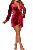 Red Women's Korea Velvet Deep V Collar Tied Sexy T Shirt/Shirt Dress Q982-1