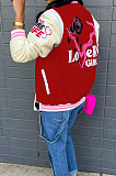 Red Preppy Digital Letter Printed Long Sleeve Front Button Jacket Coat SZS8195-2