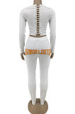 Black Simple Long Sleeve Back Bandage Tops Letter Printed Skinny Pants Sets DN8645-1
