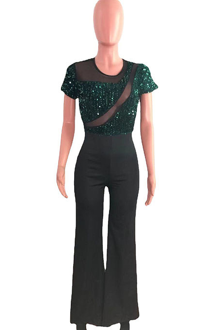 Wine Red Night Club Irregularity Sequins Spliced Short Sleeve Wide Leg Jumpsuits QZ6130-2
