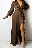 Brown Trendy Sexy Pure Color Women Deep V Collar Bandage Long Sleeve Split Long Dress XZ5373-1