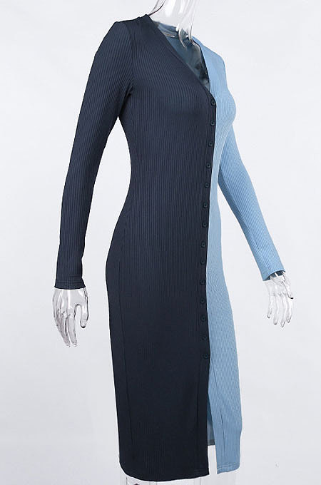 Blue Cotton Blend Sexy V Collar High Waist Color Matching Buttons Long Dress CSM21475-1