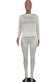 White Ribber Solid Color Casual Long Sleeve Long Pants Sets AGY68535-1