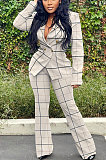 Beige Euramerican Plaid Jacket Casual Suits Wide Leg Pants Two Pieces Q984-1