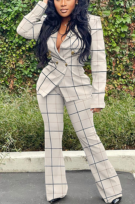 Beige Euramerican Plaid Jacket Casual Suits Wide Leg Pants Two Pieces Q984-1