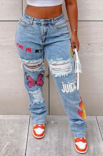  New Digital Printed Hole Casual Jean Pants SZS1011