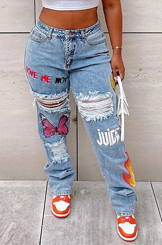  New Digital Printed Hole Casual Jean Pants SZS1011