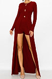 Wine Red Women's Round Collar Long Sleeve Shorts Hole Super Elastic Ribber Shorts Sets QQM4347-2
