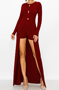 Wine Red Women's Round Collar Long Sleeve Shorts Hole Super Elastic Ribber Shorts Sets QQM4347-2