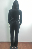 Black Simple New Velvet Long Sleeve Zipper Bandage Hooded Jumpsuits QZ6131-2