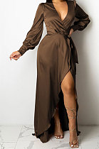 Brown Trendy Sexy Pure Color Women Deep V Collar Bandage Long Sleeve Split Long Dress XZ5373-3