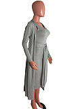 Dark Coffee Fashion Lace-Up Tank Dress+Cardigan Coat Solid Color Suit QZ3328-1