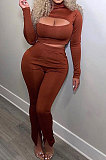 Blue Women's Long Sleeve Stand Collar Hollow Out Sexy Split Pants Sets Q983-2