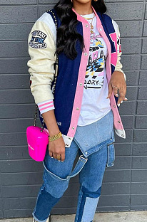 Royal Blue Preppy Digital Letter Printed Long Sleeve Front Button Jacket Coat SZS8195-3