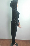 Black Simple New Velvet Long Sleeve Zipper Bandage Hooded Jumpsuits QZ6131-2