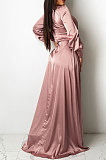 Black Trendy Sexy Pure Color Women Deep V Collar Bandage Long Sleeve Split Long Dress XZ5373-2