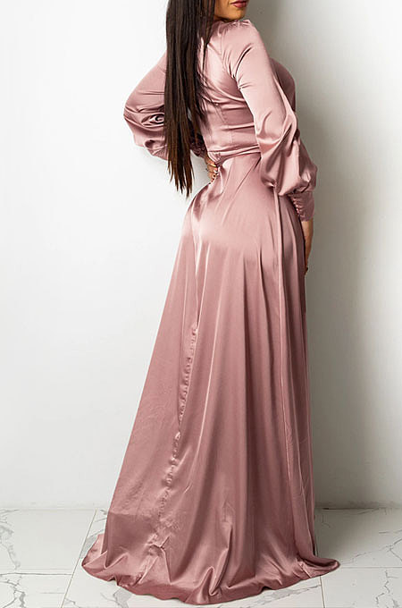 Brown Trendy Sexy Pure Color Women Deep V Collar Bandage Long Sleeve Split Long Dress XZ5373-3