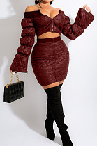 Wine Red Fashion Luxe A Wrod Shouldet Puff Sleeve Zipper Tops Mini Skirts Sets QZ7008-1
