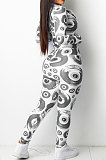Grey Fashion Women's Design Printed Long Sleeve Zipper Tops Skinny Pants Suit T243-1