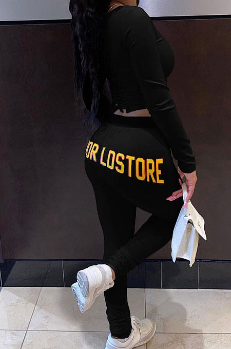 Black Simple Long Sleeve Back Bandage Tops Letter Printed Skinny Pants Sets DN8645-1