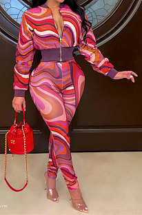 Red Women Long Sleeve Zipper Bodycon Printing Pants Sets AGY68530-1