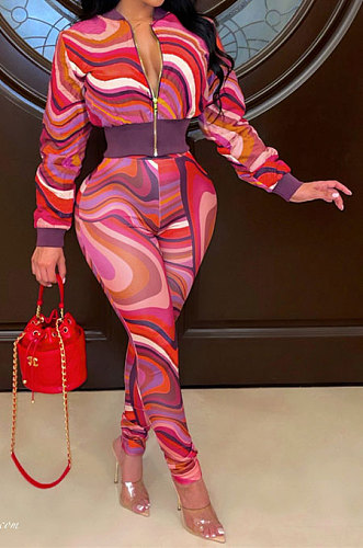 Red Women Long Sleeve Zipper Bodycon Printing Pants Sets AGY68530-1