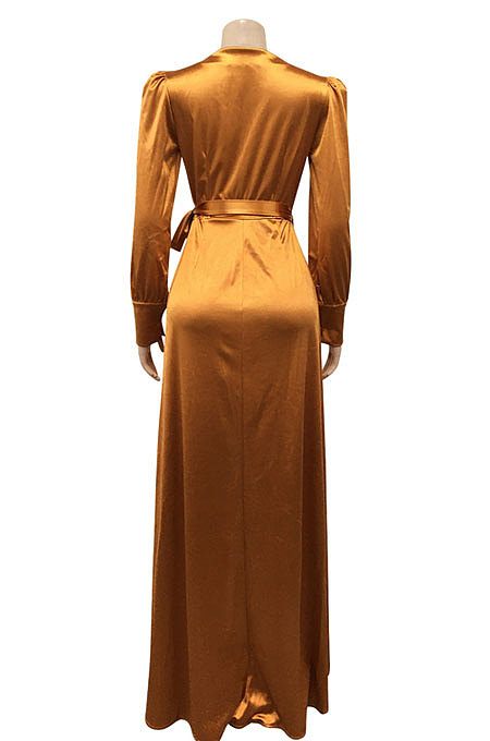 Brown Trendy Sexy Pure Color Women Deep V Collar Bandage Long Sleeve Split Long Dress XZ5373-3