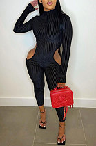 Black Trendy Korea Velvet Line Dew Waist Sexy Bodycon Jumpsuits AGY68533