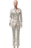 Beige Euramerican Plaid Jacket Casual Suits Wide Leg Pants Two Pieces Q984-1