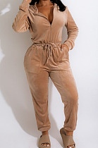 Khaki Simple New Velvet Long Sleeve Zipper Bandage Hooded Jumpsuits QZ6131-3