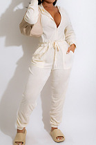 White Simple New Velvet Long Sleeve Zipper Bandage Hooded Jumpsuits QZ6131-1