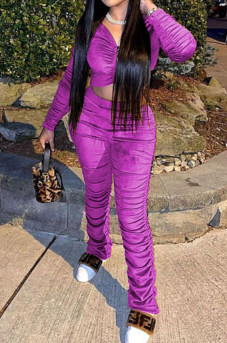 Black Wholesale Women's Ruffle Velvet Long Sleeve V Neck Crop Tops Trousers Suit QC8050-5