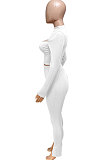 White  Women's Long Sleeve Stand Collar Hollow Out Sexy Split Pants Sets Q983-1