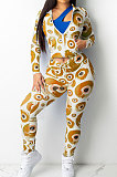 Yellow Fashion Women's Design Printed Long Sleeve Zipper Tops Skinny Pants Suit T243-3