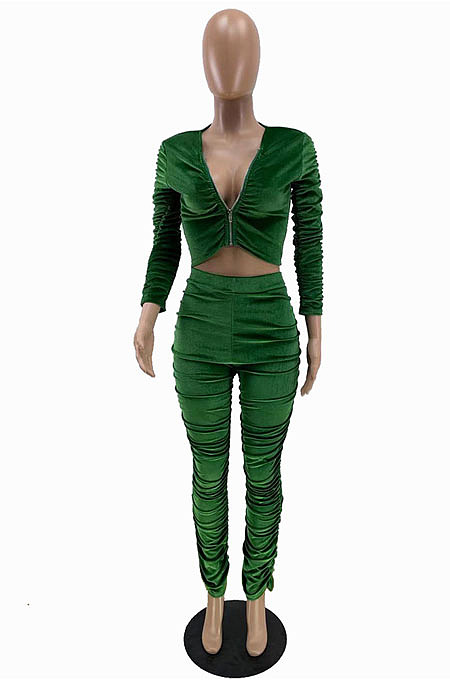 Blue Wholesale Women's Ruffle Velvet Long Sleeve V Neck Crop Tops Trousers Suit QC8050-1