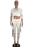 White Wholesale Women's Webbing Spliced Half Sleeve T-Shirts Trousers Hole Suit SYY8071