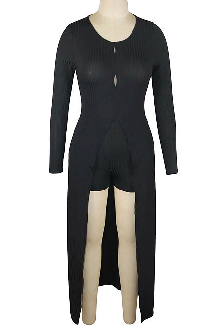 Black Women's Round Collar Long Sleeve Shorts Hole Super Elastic Ribber Shorts Sets QQM4347-1